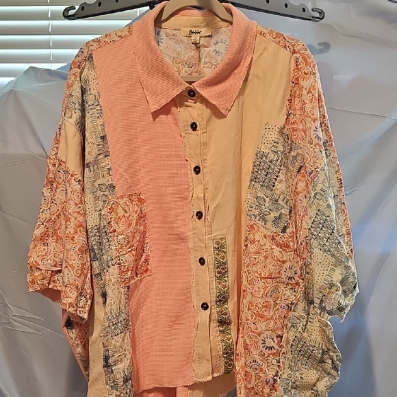 Blue Velvet Tops - Boho Patchwork Button-Up Top - Peach Cream